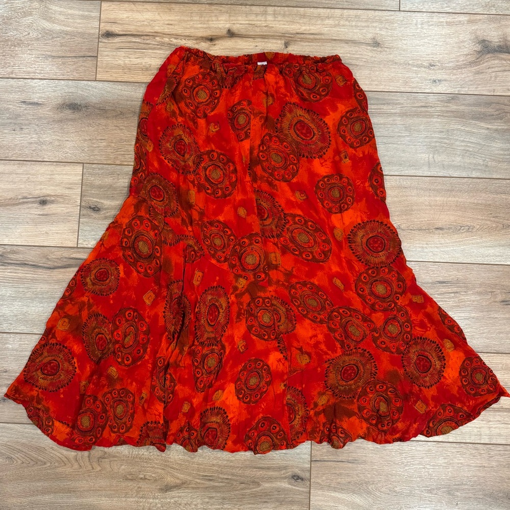 VINTAGE Fiery Orange & Red Boho Style Flared Maxi Skirt | One Size Fits Most